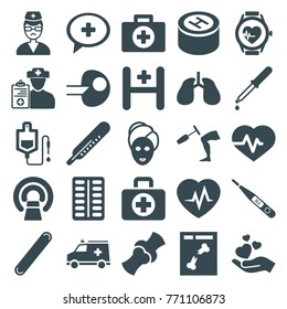 Set of 25 medicine filled icons such as thermometer, spa mask, first aid, heartbeat, pipette, drop counter, pill, mri, lungs, bone, x ray, core, hand holding heart, hospital