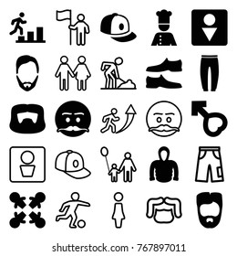 Set of 25 men filled and outline icons such as man hairstyle, male wc, man shoe, underpants, baseball cap, hoodie, emot with mustache, roundelay, male, chef, man going up