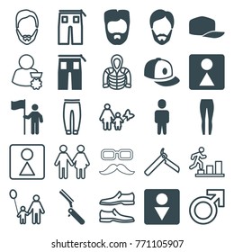 Set of 25 men filled and outline icons such as man hairstyle, male wc, female wc, pants, baseball cap, man with flag, male, bllade razor, underpants, hoodie, family