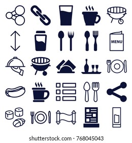 Set of 25 menu filled and outline icons such as coffee, fork and spoon, share, bbq, napkin, menu, drink, chain, hot dog, dish serving, sushi, arrow