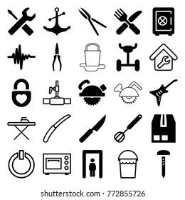 Set of 25 metal filled and outline icons such as metal gate detector, safe, saw blade, pliers, fork and knife, garden tools, wheel, cargo container, anchor, heart lock, guitar