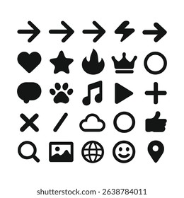 A set of 25 minimal black icons including navigation, social, media, and user interface symbols arranged in a clean grid style on a white background.
