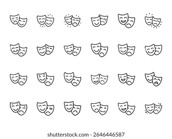 Conjunto de 25 Máscaras de Teatro de Arte de Linha Mínima Ícones Representando Comédia e Tragédia - Ilustrações de Símbolo de Drama Preto e Branco para Artes Cênicas, Emoções, Entretenimento e Conceitos de Design Criativo