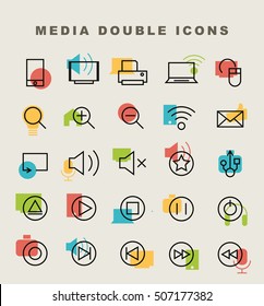 Set of 25 Minimal Simple Multimedia and Interface Double Thin Line Icons.