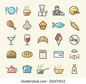 Set of 25 Minimal Solid Line Colored Restaurant Icons. Isolated Vector Elements.