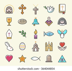 Set of 25 Minimal Solid Thin Line Colored Christian Icons. Isolated Vector Elements.