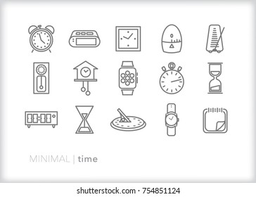 Set of 25 minimal time and clock icons showing the passing of seconds, minutes,  hours and days including alarm, wall, cuckoo, metronome, timer, hour glass, sundial, watch and calendar