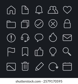 Set of 25 minimalist white icons on a black background. Includes home, folder, bell, heart, lock, and more. Perfect for apps, websites, and interfaces. User interface icons, UI icon vector set.