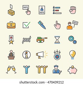 Set of 25 Minimalistic Solid Colored Political Icons. Isolated Vector Elements.