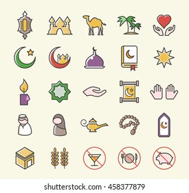 Set of 25 Minimalistic Solid Coloured Islamic Icons. Isolated Vector Elements.