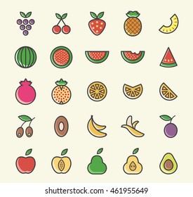 Set of 25 Minimalistic Solid Coloured Fruit Icons. Isolated Vector Elements.