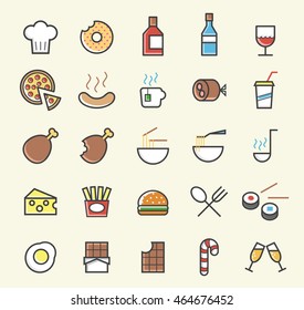 Set of 25 Minimalistic Solid Coloured Food Icons. Isolated Vector Elements.