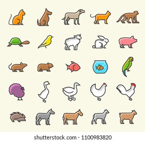 Set of 25 Minimalistic Solid Line Coloured Animal Icons . Isolated Vector Elements