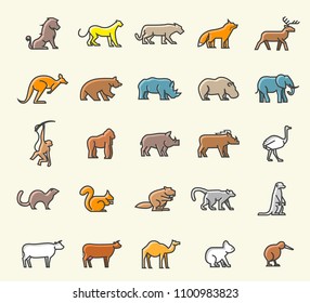 Set of 25 Minimalistic Solid Line Coloured Animal Icons . Isolated Vector Elements