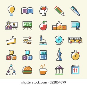 Set of 25 Minimalistic Solid Line Coloured Education Icons. Isolated Vector Elements.