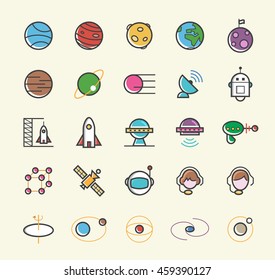 Set of 25 Minimalistic Solid Line Coloured Space Icons. Isolated Vector Elements.