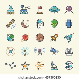 Set of 25 Minimalistic Solid Line Coloured Space Icons. Isolated Vector Elements.
