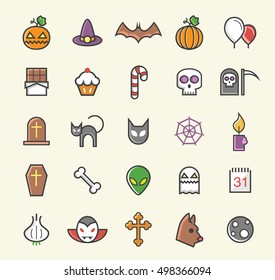 Set of 25 Minimalistic Solid Line Coloured Halloween Icons. Isolated Vector Elements.