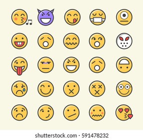 Set of 25 Minimalistic Solid Line Coloured Emoticons . Isolated Vector Elements