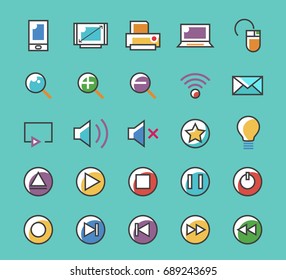 Set of 25 Minimalistic Solid Line Coloured Multimedia Icons . Isolated Vector Elements