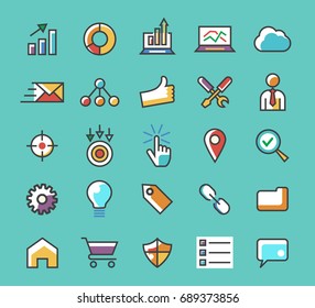 Set of 25 Minimalistic Solid Line Coloured SEO Icons . Isolated Vector Elements