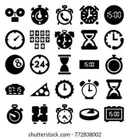Set of 25 minute filled icons such as alarm, hourglass, stopwatch, clock, sundial, 24 hour, digital clock