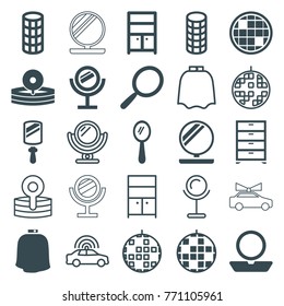 Set of 25 mirror filled and outline icons such as mirror, powder, hair curler, wardrobe, disco ball, medical reflector, police car