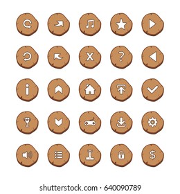 Set of 25 Mix White Icons on Rounded Brown Log on White Background. Cartoon Style