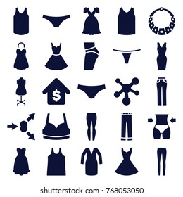 Set of 25 model filled icons such as female underwear, sport bra, dress, woman pants, atom move, buying a house, necklace, atom, slim, mannequin, singlet