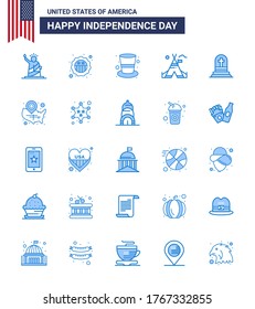 Set of 25 Modern Blues pack on USA Independence Day death; camp; flag; tent; magic hat Editable USA Day Vector Design Elements