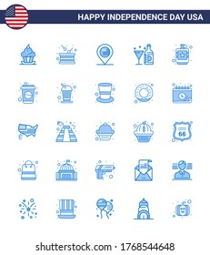 Set of 25 Modern Blues pack on USA Independence Day bottle; wine; independence; drink; map Editable USA Day Vector Design Elements