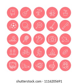 Set of 25 modern and colorful flat line icons with pink circle background, illustrating interests and hobbies.
They can be useful on your CV / resume or in websites, mobile apps and print. 