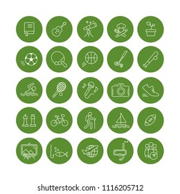 Set of 25 modern and colorful flat line icons with green circle background, illustrating interests and hobbies.
They can be useful on your CV / resume or in websites, mobile apps and print. 