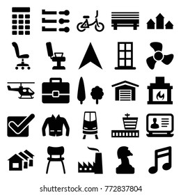Set of 25 modern filled icons such as airport, door, barber chair, jacket, laptop, note, chess horse, navigation arrow, case, slider, bench, chair, fireplace, tree, fan