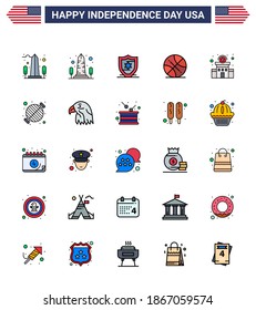 Set of 25 Modern Flat Filled Lines pack on USA Independence Day barbecue; police sign; backetball; station; building Editable USA Day Vector Design Elements