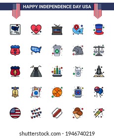 Set of 25 Modern Flat Filled Lines pack on USA Independence Day american; wisconsin; drum; usa; map Editable USA Day Vector Design Elements