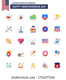 Set of 25 Modern Flats pack on USA Independence Day native american; usa; dollar; love; american Editable USA Day Vector Design Elements