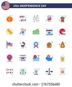 Set of 25 Modern Flats pack on USA Independence Day election; cola; firework; soda; beer Editable USA Day Vector Design Elements