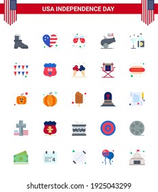 Set of 25 Modern Flats pack on USA Independence Day bottle; wine; wine; drink; howitzer Editable USA Day Vector Design Elements