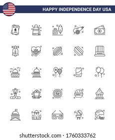 Set of 25 Modern Lines pack on USA Independence Day amearican; dollar; feather; weapon; canon Editable USA Day Vector Design Elements