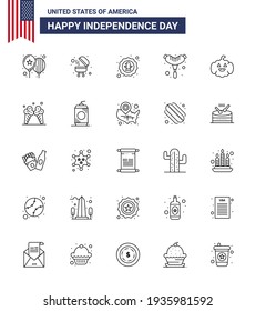 Set of 25 Modern Lines pack on USA Independence Day usa; pumkin; bird; sausage; food Editable USA Day Vector Design Elements