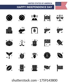 Conjunto de 25 paquetes modernos de glifos sólidos sobre la ley del Día de la Independencia de Estados Unidos; tribunal; hombre; occidental; elementos de diseño de vectores editables por el día USA