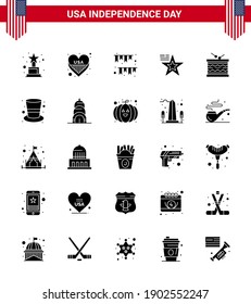 Set of 25 Modern Solid Glyph pack on USA Independence Day instrument; usa; garland; flag; star Editable USA Day Vector Design Elements