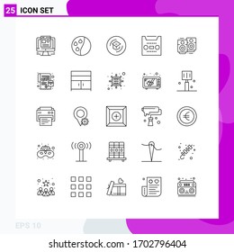 Set von 25 Symbolen der modernen Benutzeroberfläche, Zeichen für Hochzeiten; Liebeshochzeit; Kenntnisse; Band, Design-Elemente für die bearbeitbare Vektorillustration von Medien