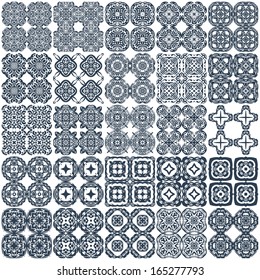 Set of 25 monochrome geometrical patterns. White, dark blue grille texture in Arabic, Oriental style. A seamless vector background.