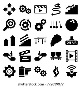 Set of 25 motion filled icons such as arrow up, gear, move, stairs, gear rotate, cargo wagon, movie clapper, open air, camera tape, smoke, curved arrow, escalator up