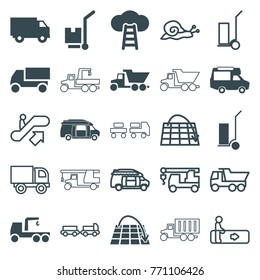 Set of 25 moving filled and outline icons such as truck, truck with hook, cart cargo, van, cargo on cart, move on map, ladder to the sky, escalator, escalator up