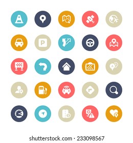 Set of 25 Multi-Color cycle for traffic and navigation vector icons.  They can be perfectly applied in graphic design and web or mobile devices. 