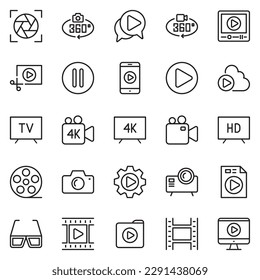 set of 25 multimedia line icons. camera and video icons set. television, monitor, cinema, lens, picture, film, record, watch, album, signs, buttons, desktop, interface, photograph