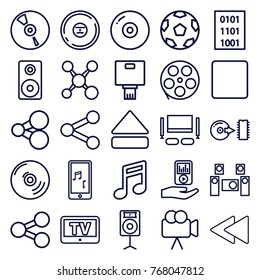 Set of 25 multimedia outline icons such as tv, share, note, disc, movie tape, camera, cd, stop, eject button, play back, mobile phone music, mp3 player on hand, loudspeaker